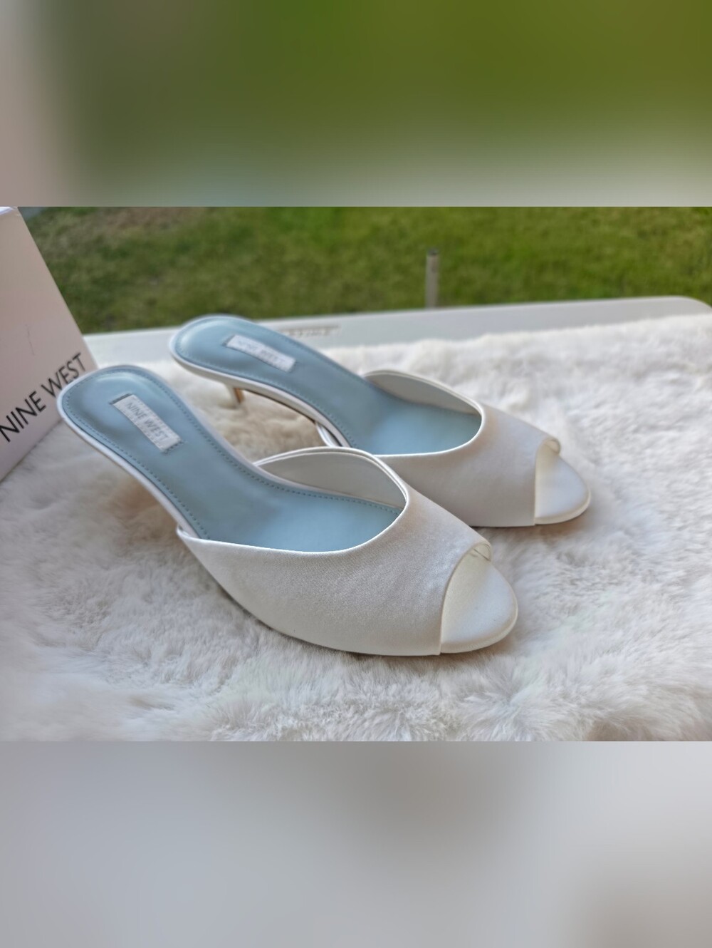 Nine West Women's Luvlie Bridal Satin Peep Toe Kitten Heel Pumps, White Satin 8M